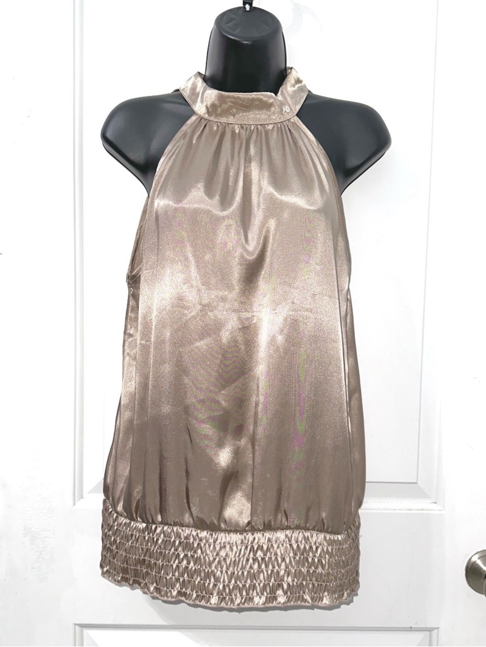 Studio Y metallic Y2K satin halter blouse featuring a high mock neckline